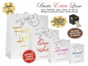 BUSTE IN CARTA LUSSO BIANCA PLASTIFICAZIONE OPACA EXTRA impianto stampa, chiudibusta e nastrino doppio raso omaggio 